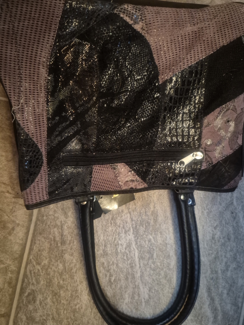 Patchwork Black and Mauve Tote Bag with Front Zip Pocket